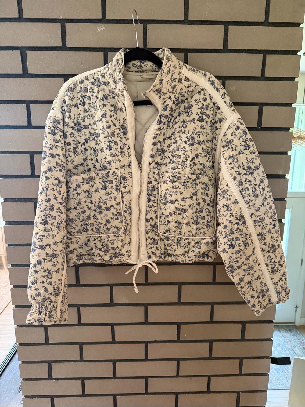 Blank NYC Cream Quilted Bomber with Blue Floral Print
